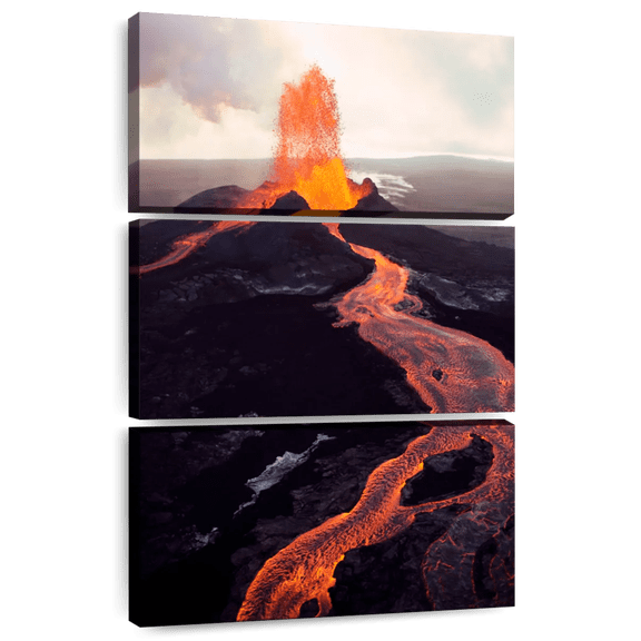 Elephant Stock Kilauea Volcano Erupting Wall Art - Vertical Multi Panel Canvas - Living Room Wall Decor - Nature Multi Panel - Beige And Gray Decor - 42" x 65"