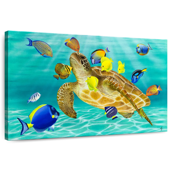 Elephant Stock Kiss Fest Wall Art - Horizontal Canvas Wall Art - Hallway Wall Decor - Animal Canvas - Blue And Green Decor By Carolyn Steele - 48" x 32"