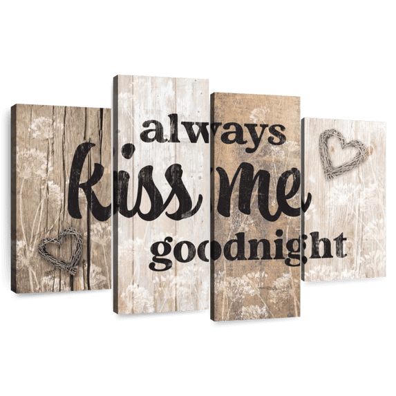 Elephant Stock Kiss Me Goodnight Typography Wall Sign Wall Art - Horizontal Multi Panel Canvas - Living Room Wall Decor - Wall Signs Multi Panel - Black And Beige Decor - 84" x 54"