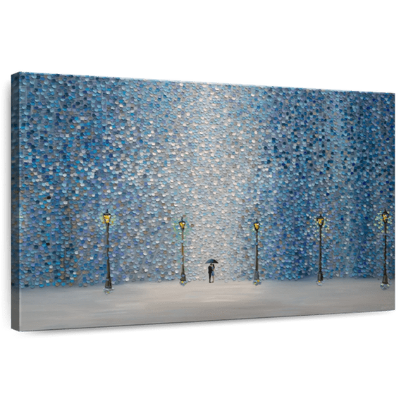 Elephant Stock Kiss Under The Rain Wall Art - Horizontal Canvas Wall Art - Living Room Wall Decor - Love Canvas - Blue And Gray Decor By Ekaterina Ermilkina - 12" x 8"