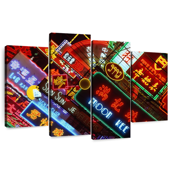 Elephant Stock Kowloon Neon Lights Wall Art - Horizontal Multi Panel Canvas - Living Room Wall Decor - Places Multi Panel - Black And Brown Decor - 84" x 54"
