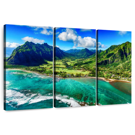 Elephant Stock Kualoa Coastal Landscape Wall Art - Horizontal Multi Panel Canvas - Living Room Wall Decor - Beach Multi Panel - Green And Gray Decor - 57" x 36"