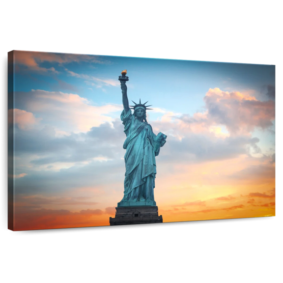 Elephant Stock Lady Liberty Monument Wall Art - Horizontal Canvas Wall Art - Living Room Wall Decor - Places Canvas - Blue And Orange Decor - 36" x 24"