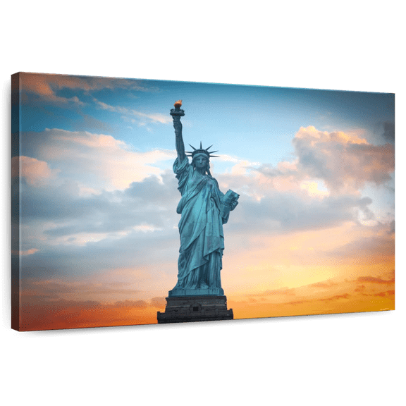 Elephant Stock Lady Liberty Monument Wall Art - Horizontal Canvas Wall Art - Living Room Wall Decor - Places Canvas - Blue And Orange Decor - 51" x 34"