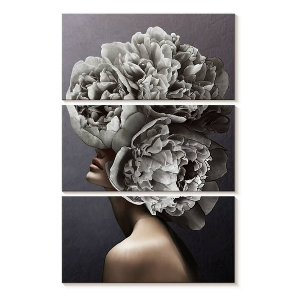 Elephant Stock Lady Peony Iii Wall Art - Vertical Multi Panel Canvas - Lobby Wall Decor - Floral And Botanical Multi Panel - Gray And Beige Decor - 14" x 23"