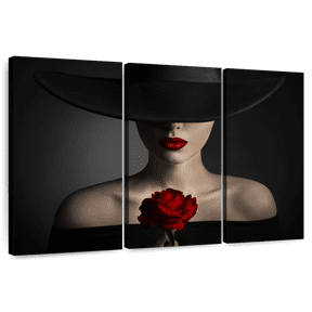 Elephant Stock Lady With A Rose Wall Art - Horizontal Multi Panel Canvas - Living Room Wall Decor - People Multi Panel - Black And Gray Decor - 74" x 48"