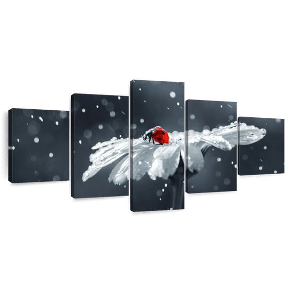 Elephant Stock Ladybug On Daisy Flower Wall Art - Horizontal Multi Panel Canvas - Living Room Wall Decor - Floral And Botanical Multi Panel - Black And Gray Decor - 74" x 34"