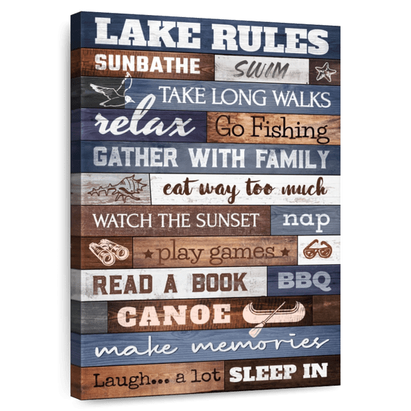 Elephant Stock Lake House Rules Typography Wall Art - Vertical Canvas Wall Art - Living Room Wall Decor - Inspirational And Typography Canvas - Gray And Brown Decor - 30" x 45"