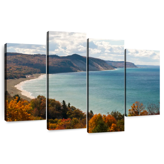 Elephant Stock Lake Michigan Dunes Wall Art - Horizontal Multi Panel Canvas - Living Room Wall Decor - Nature Multi Panel - Brown And Blue Decor - 52" x 32"
