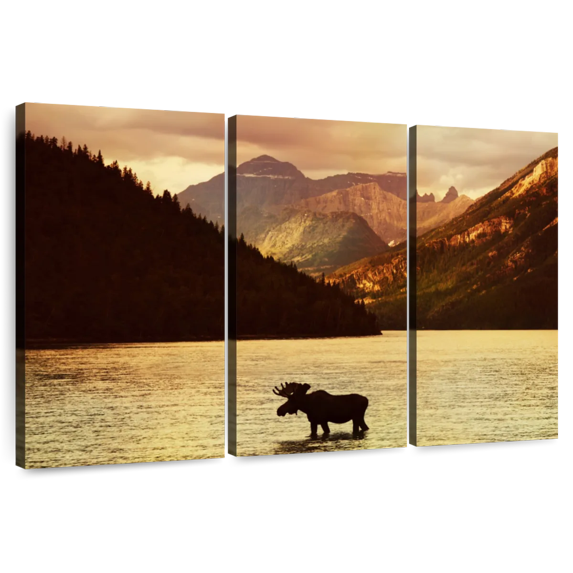 Elephant Stock Lake Moose Wall Art - Horizontal Multi Panel Canvas - Living Room Wall Decor - Animal Multi Panel - Beige And Brown Decor - 45" x 28"