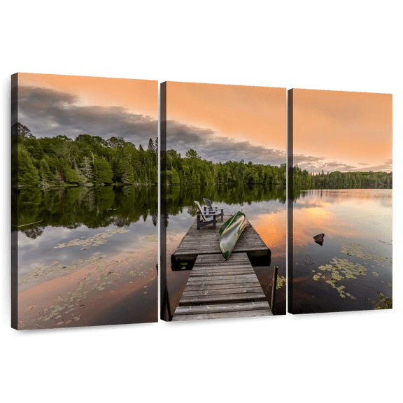 Elephant Stock Lake Ontario Dock At Sunset Wall Art - Horizontal Multi Panel Canvas - Living Room Wall Decor - Nature Multi Panel - Orange And Gray Decor - 33" x 20"
