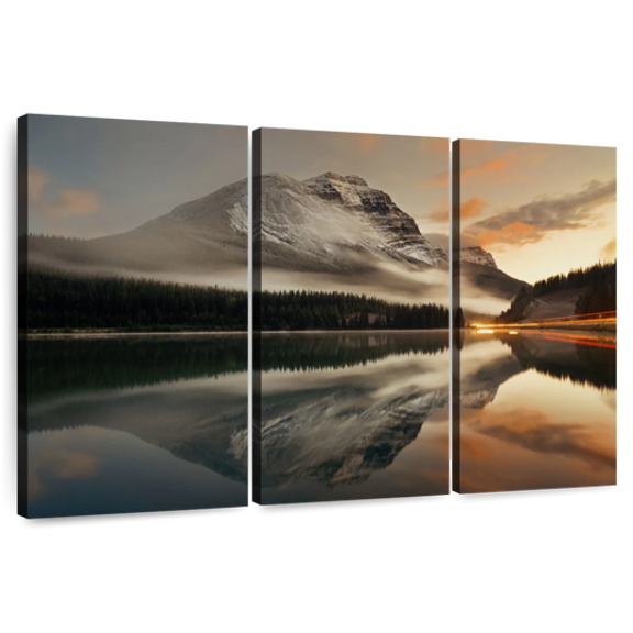 Elephant Stock Lake At Sunset Wall Art - Horizontal Multi Panel Canvas - 3 Pieceliving Room Wall Decor - Photography Nature Multi Panel - Brown And Gray Decor - 33" x 20"