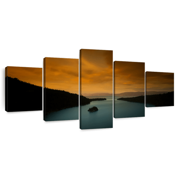 Elephant Stock Lake Tahoe At Nightfall Wall Art - Horizontal Multi Panel Canvas - 5 Pieceliving Room Wall Decor - Photography Nature Multi Panel - Orange And Brown Decor - 55" x 24"