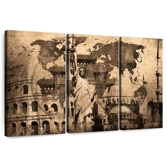 Elephant Stock Landmarks World Map Wall Art - Horizontal Multi Panel Canvas - Living Room Wall Decor - Map Multi Panel - Brown And Black Decor - 57" x 36"
