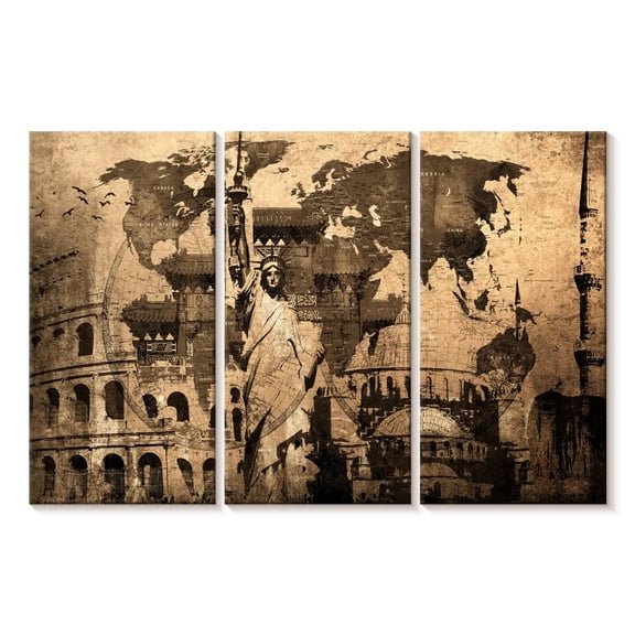 Elephant Stock Landmarks World Map Wall Art - Horizontal Multi Panel Canvas - Living Room Wall Decor - Map Multi Panel - Brown And Black Decor - 65" x 42"