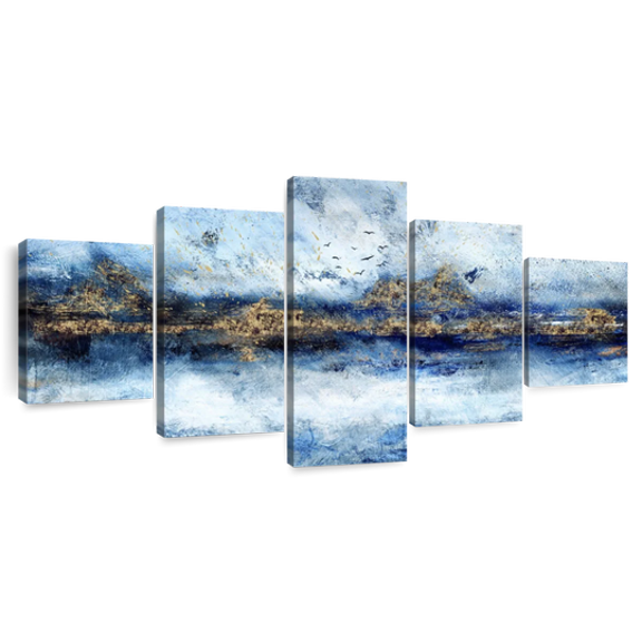 Elephant Stock Landscape Abstract Wall Art - Horizontal Multi Panel Canvas - Living Room Wall Decor - Abstract Multi Panel - Blue And Gold Decor - 68" x 30"