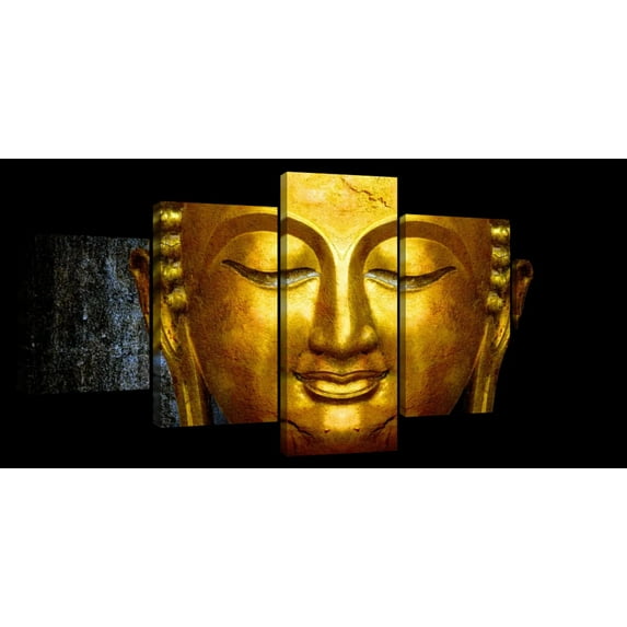 Elephant Stock Large Buddha Face Wall Art - Horizontal Multi Panel Canvas - 5 Pieceliving Room Wall Decor - Photography Religion And Spirituality Multi Panel - Black And Gray Decor - 29" x 12"