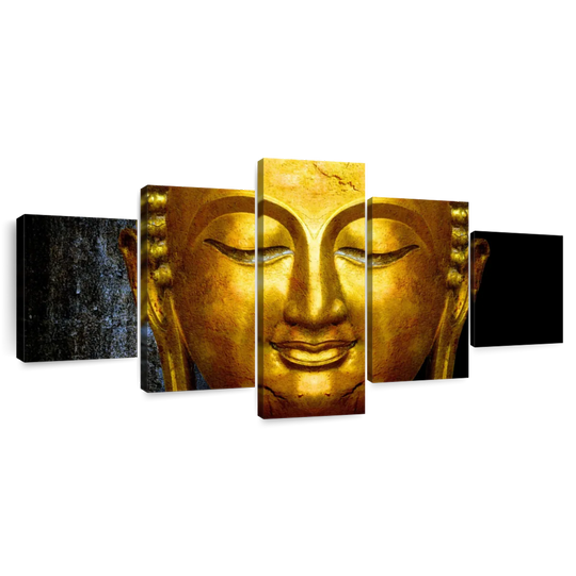 Elephant Stock Large Buddha Face Wall Art - Horizontal Multi Panel Canvas - 5 Pieceliving Room Wall Decor - Photography Religion And Spirituality Multi Panel - Black And Gray Decor - 80" x 36"