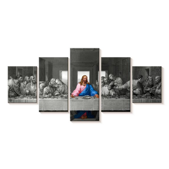 Elephant Stock The Last Feast Wall Art - Horizontal Multi Panel Canvas - Living Room Wall Decor - Religion And Spirituality Multi Panel - Gray And Pink Decor - 42" x 19"