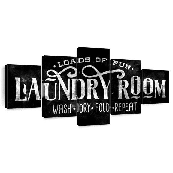 Elephant Stock Laundry Loads Of Fun Wall Art - Horizontal Multi Panel Canvas - Laundry Room Wall Decor - Inspirational And Typography Multi Panel - Black And Gray Decor - 55" x 24"
