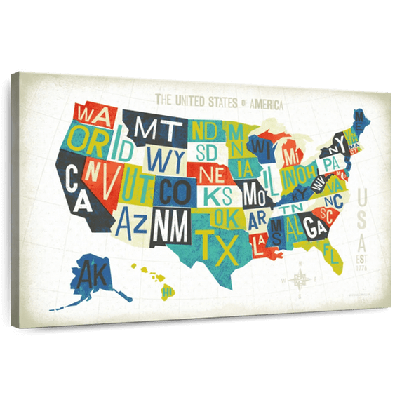 Elephant Stock Letterpress Usa Map Wall Art - Horizontal Canvas Wall Art - Living Room Wall Decor - Map Canvas - Turquoise And Orange Decor By Michael Mullan - 12" x 8"
