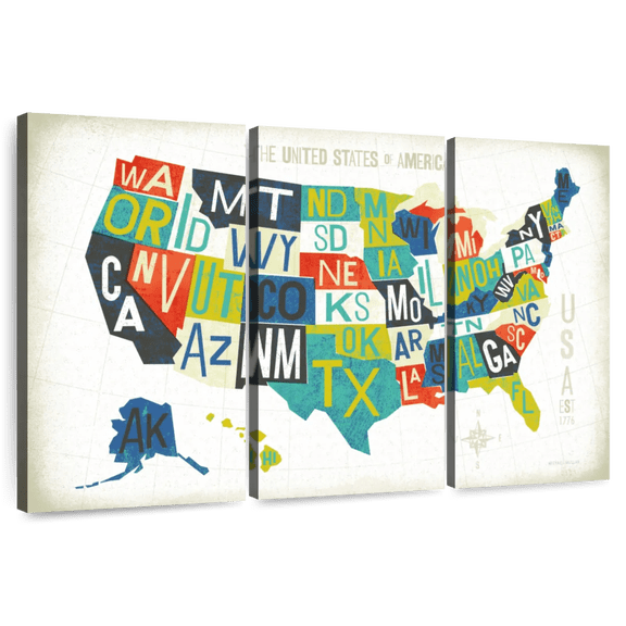 Elephant Stock Letterpress Usa Map Wall Art - Horizontal Multi Panel Canvas - Living Room Wall Decor - Map Multi Panel - Turquoise And Orange Decor By Michael Mullan - 45" x 28"