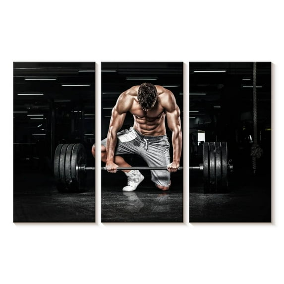 Elephant Stock Lifting Barbell At The Gym Wall Art - Horizontal Multi Panel Canvas - Gym/sport Rooms Wall Decor - Sports Multi Panel - Black And Gray Decor - 45" x 28"