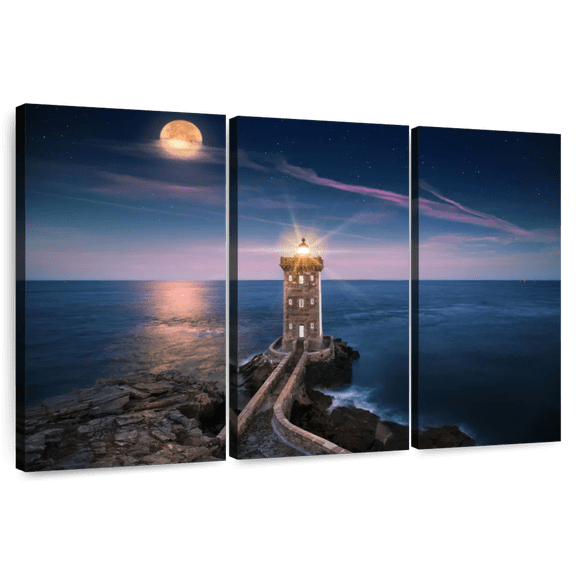 Elephant Stock Lighthouse Beach Wall Art - Horizontal Multi Panel Canvas - Living Room Wall Decor - Nautical Multi Panel - Purple And Blue Decor - 33" x 20"