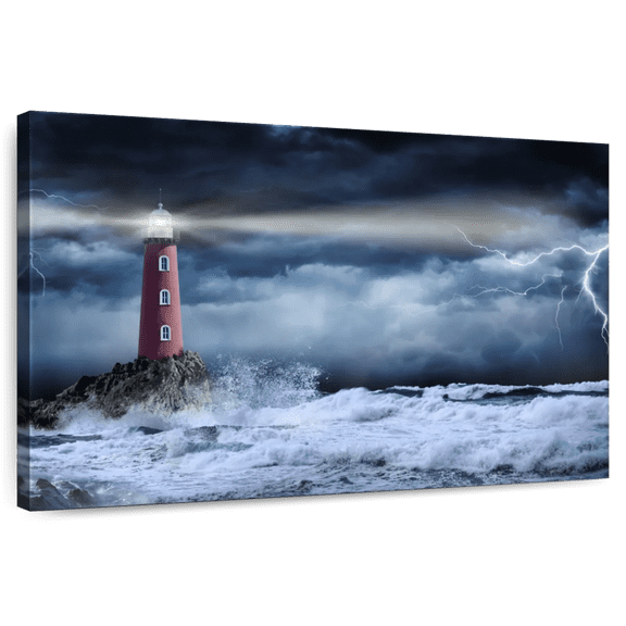 Elephant Stock Lighthouse Beam In Storm Wall Art - Horizontal Canvas Wall Art - Living Room Wall Decor - Nautical Canvas - Blue And Red Decor - 48" x 32"