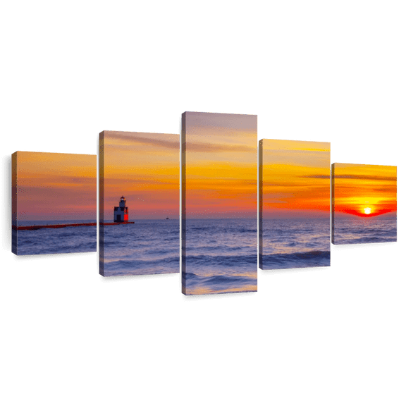 Elephant Stock Lighthouse On Lake Michigan Wall Art - Horizontal Multi Panel Canvas - 5 Pieceliving Room Wall Decor - Photography Nature Multi Panel - Orange And Blue Decor - 55" x 24"