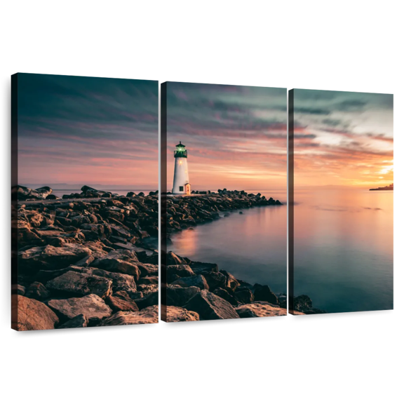Elephant Stock Lighthouse Pastel Sunset Wall Art - Horizontal Multi Panel Canvas - Living Room Wall Decor - Nautical Multi Panel - Beige And Blue Decor - 33" x 20"