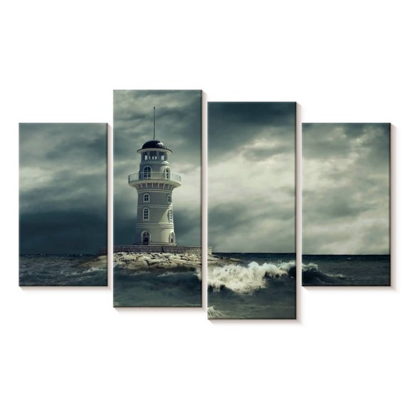 Elephant Stock Lighthouse Under Storm Clouds Wall Art - Horizontal Multi Panel Canvas - Living Room Wall Decor - Nautical Multi Panel - Gray And Blue Decor - 68" x 42"