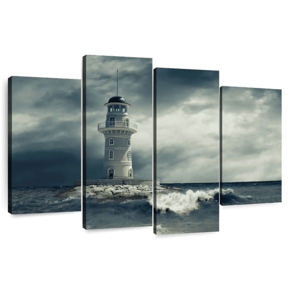 Elephant Stock Lighthouse Under Storm Clouds Wall Art - Horizontal Multi Panel Canvas - Living Room Wall Decor - Nautical Multi Panel - Gray And Blue Decor - 84" x 54"
