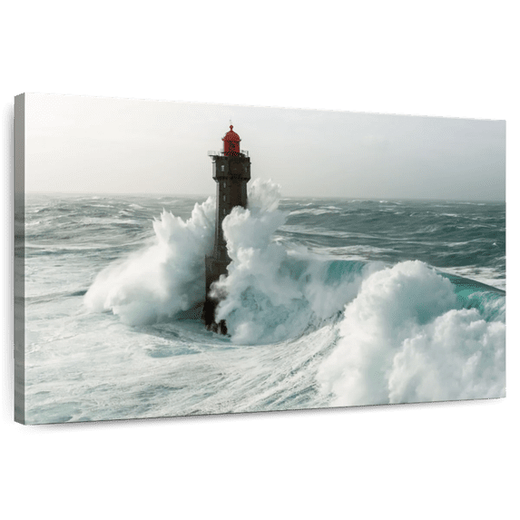 Elephant Stock Lighthouse In A Storm Wall Art - Horizontal Canvas Wall Art - Living Room Wall Decor - Nautical Canvas - Blue And Teal Decor - 48" x 32"