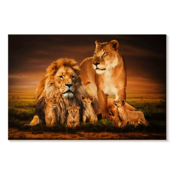 Elephant Stock Lion Family Wall Art - Horizontal Canvas Wall Art - Hallway Wall Decor - Animal Canvas - Green And Black Decor By Wouter Rikken - 12" x 8"