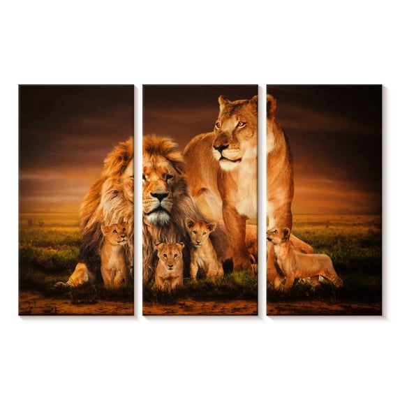 Elephant Stock Lion Family Wall Art - Horizontal Multi Panel Canvas - Hallway Wall Decor - Animal Multi Panel - Green And Black Decor By Wouter Rikken - 23" x 14"