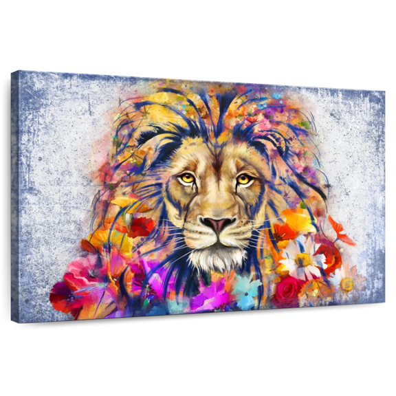 Elephant Stock Lion Head Floral Wall Art - Horizontal Canvas Wall Art - Living Room Wall Decor - Animal Canvas - Gray And Beige Decor - 51" x 34"