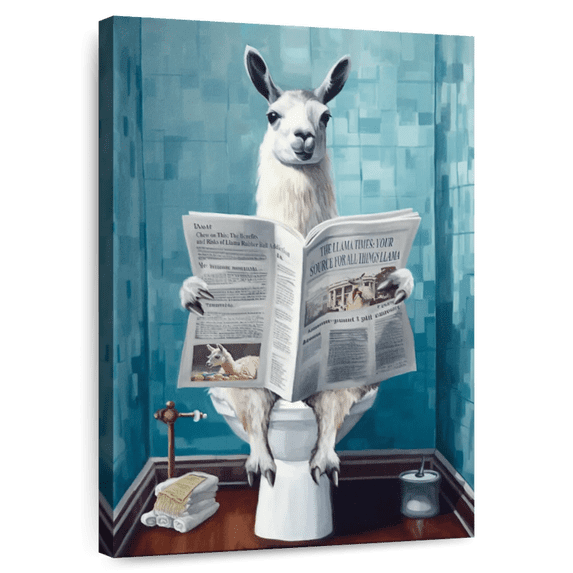 Elephant Stock Llama On A Toilet Wall Art - Vertical Canvas Wall Art - Bathroom Wall Decor - Humor Canvas - White And Teal Decor - 32" x 48"