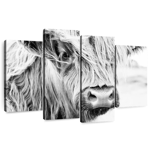 Elephant Stock Long Haired Cow Wall Art - Horizontal Multi Panel Canvas - Living Room Wall Decor - Animal Multi Panel - Gray And White Decor - 84" x 54"
