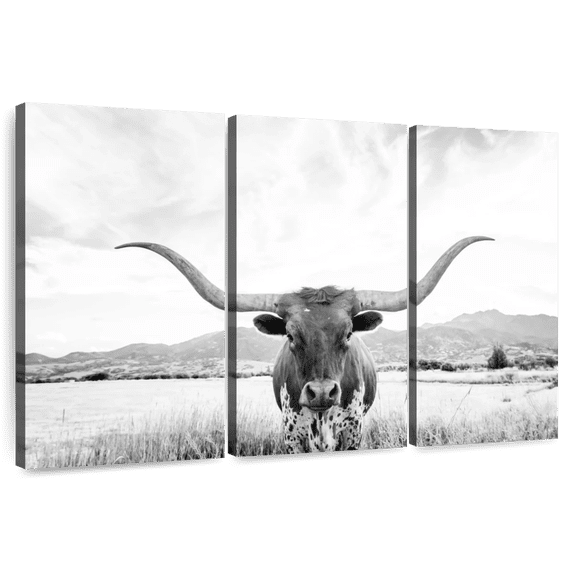 Elephant Stock Longhorn Texas Bw Wall Art - Horizontal Multi Panel Canvas - Living Room Wall Decor - Animal Multi Panel - Black And Gray Decor By Sisi And Seb - 38" x 24"