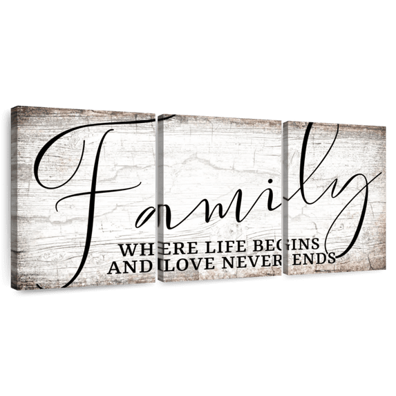Elephant Stock Love Never Ends Family Quote Wall Sign Wall Art - Horizontal Multi Panel Canvas - Living Room Wall Decor - Wall Signs Multi Panel - White And Black Decor - 62" x 30"
