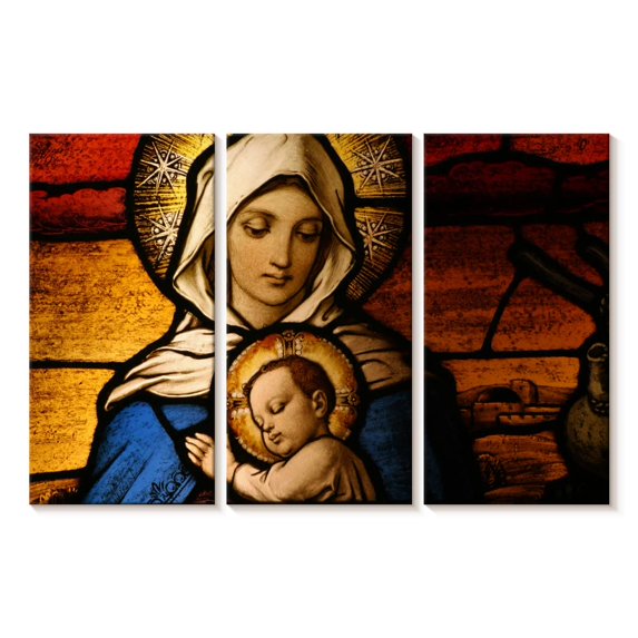 Elephant Stock Love Of Virgin Mary Wall Art - Horizontal Multi Panel Canvas - Living Room Wall Decor - Religion And Spirituality Multi Panel - Orange And Blue Decor - 74" x 48"