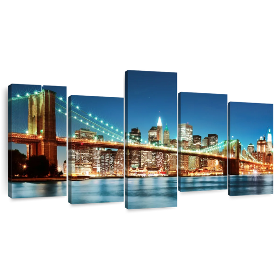 Elephant Stock Luminous Brooklyn Bridge Wall Art - Horizontal Multi Panel Canvas - 5 Pieceliving Room Wall Decor - Photography Architecture Multi Panel - Brown And Black Decor - 94" x 48"