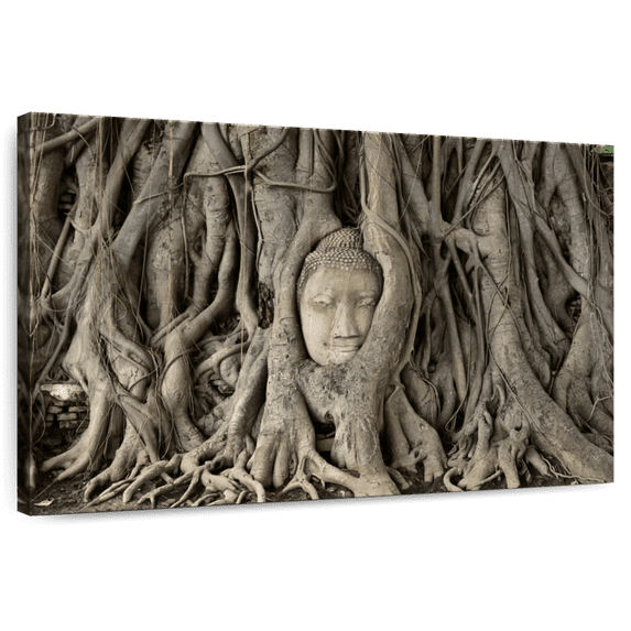 Elephant Stock Mahathat Tree Root Buddha Wall Art - Horizontal Canvas Wall Art - Living Room Wall Decor - Photography Religion And Spirituality Canvas - Gray And Brown Decor - 12" x 8"