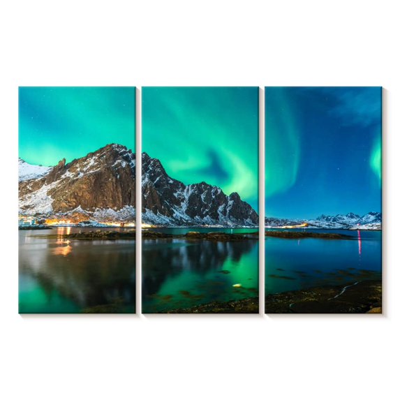 Elephant Stock Majestic Northern Lights Wall Art - Horizontal Multi Panel Canvas - Living Room Wall Decor - Nature Multi Panel - Teal And Green Decor - 33" x 20"