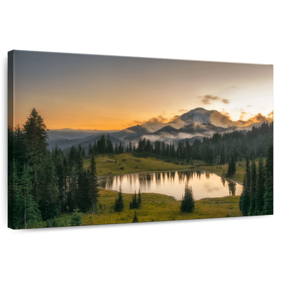 Elephant Stock Majestic Sunset At Mount Rainer Wall Art - Horizontal Canvas Wall Art - Living Room Wall Decor - Nature Canvas - Green And Blue Decor - 12" x 8"