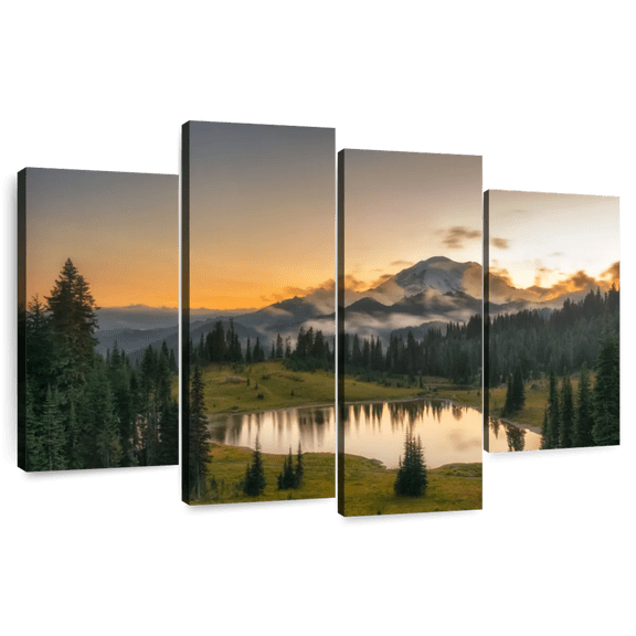 Elephant Stock Majestic Sunset At Mount Rainer Wall Art - Horizontal Multi Panel Canvas - Living Room Wall Decor - Nature Multi Panel - Green And Blue Decor - 84" x 54"