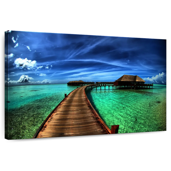 Elephant Stock Maldives Bungalow Dock Wall Art - Horizontal Canvas Wall Art - Living Room Wall Decor - Nautical Canvas - Blue And Brown Decor - 12" x 8"