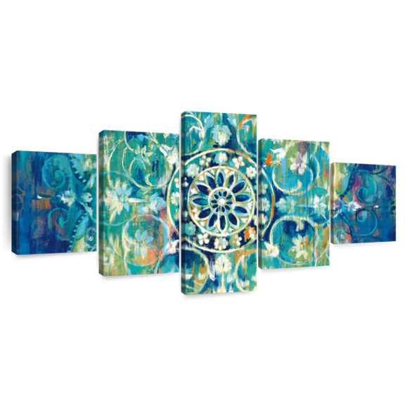 Elephant Stock Mandala In Blue Bright Wall Art - Horizontal Multi Panel Canvas - Living Room Wall Decor - Decor Elements Multi Panel - Blue And Beige Decor By Danhui Nai - 55" x 24"