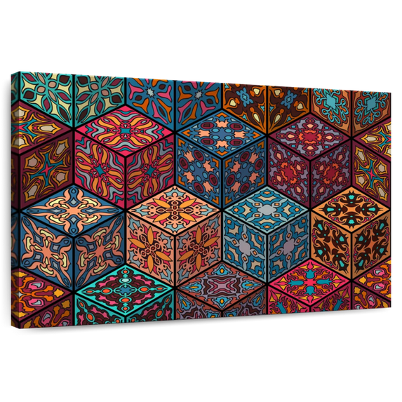 Elephant Stock Mandala Cubes Wall Art - Horizontal Canvas Wall Art - Living Room Wall Decor - Decor Elements Canvas - Teal And Turquoise Decor - 30" x 20"